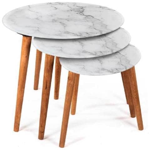 Trade Shop - Set 3 Tavolini Effetto Marmo Piedi Legno Salotto Moderno Tondi Ø53-39-30cm 839429 - Foto 1