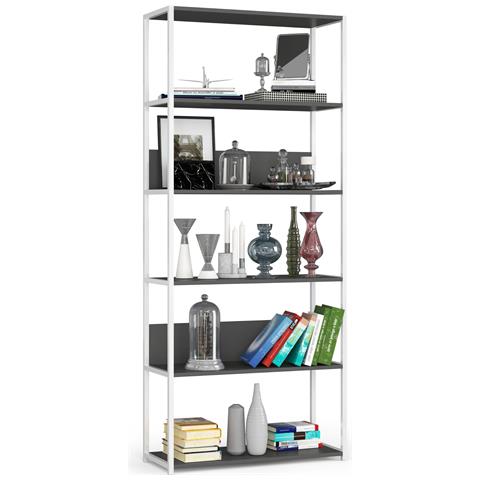 Scaffale stile loft con ripiani in legno, 6 ripiani, 80x32x192 cm, Colore Bianco e Grigio - Foto 1