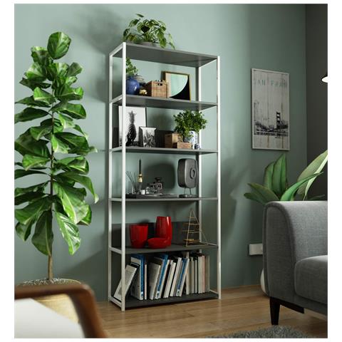 Scaffale stile loft con ripiani in legno, 6 ripiani, 80x32x192 cm, Colore Bianco e Grigio - Foto 5