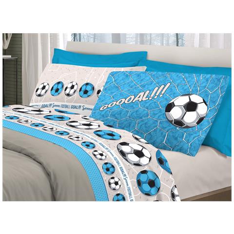 Completo Lenzuola Linea Pensieri Delicati 100% Cotone Disegno Calcio Piazza E Mezza Azzurro - Foto 1