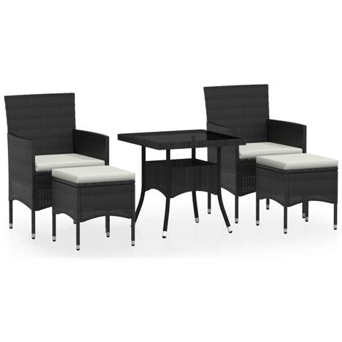 Set da Pranzo per Giardino 5 pz Polyrattan Vetro Temperato Nero - Foto 1