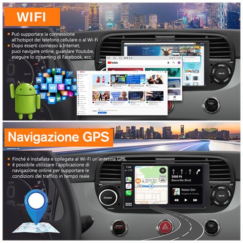 Autoradio Per Fiat 500 (2007-2015) Con Carplay Android Auto Gps Bt Comandi Al Volante Fm Rds Fotocamera Posteriore Nero - Foto 2