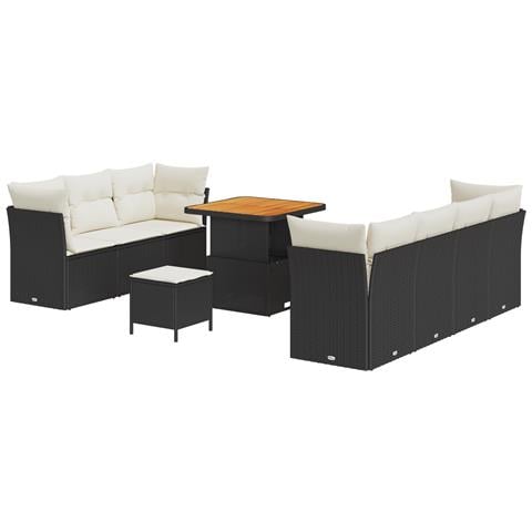 Set di sofà da giardino da 10 pezzi con cuscini in polyrattan nero e acacia,  Set da pranzo da giardino da 3 pezzi con cuscini in polyrattan nero e acacia - Foto 1