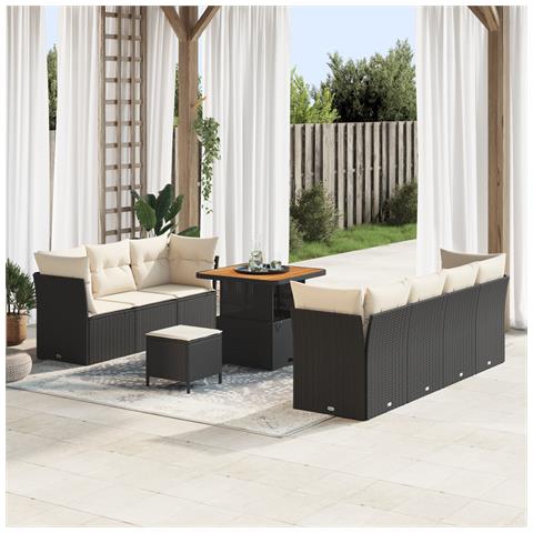 Set di sofà da giardino da 10 pezzi con cuscini in polyrattan nero e acacia,  Set da pranzo da giardino da 3 pezzi con cuscini in polyrattan nero e acacia - Foto 2
