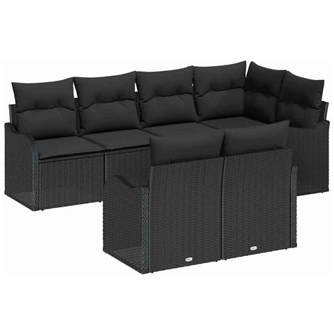 Set divano da giardino 7 pezzi con cuscini in polyrattan nero, Divano da giardino 2 posti con cuscini in polyrattan nero - Foto 1