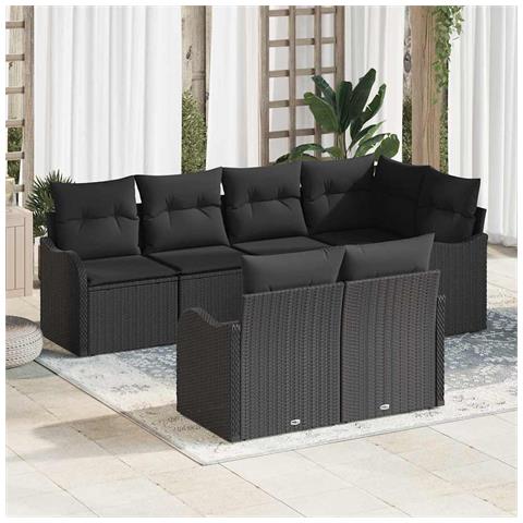Set divano da giardino 7 pezzi con cuscini in polyrattan nero, Divano da giardino 2 posti con cuscini in polyrattan nero - Foto 2