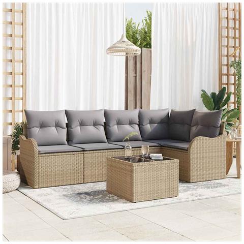 Set Divano da Giardino 6 Pezzi con Cuscini Nero Polyrattan, Divano da Giardino 2 Posti con Spazio di Stoccaggio e Cuscini Beige Polyrattan - Foto 2