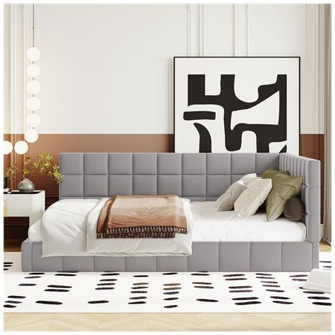 Divano Letto Imbottito 140x200cm, Letto Multifunzionale Con Rete A Doghe, Tessuto In Velluto, Grigio, Senza Materasso - Foto 2