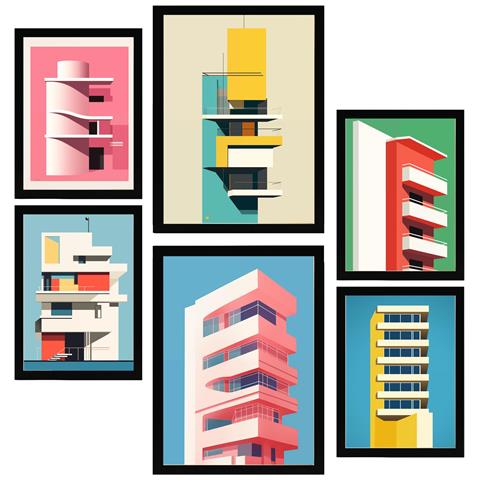 Set Di 6 Stampe Quadro Bauhaus Rosa Con Illustrazioni Di Design Per Decorare Le Pareti Della Tua Casa. Negozio Di Pittura. A3 & A4 Cornice Nera - Foto 1