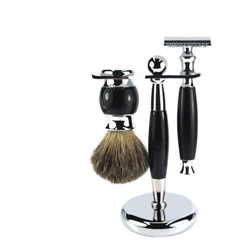 Kit Da Barba Manuale Con Rasoio Effetto Legno Vintage - Set Da 3 Pezzi Per Uomo Black - Foto 1