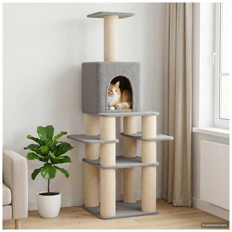 Albero per gatti con pali per graffiare in sisal Grigio Chiaro - Foto 2
