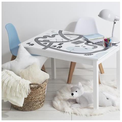 Tavolo Per Bambini Con Stampa Circuito Auto - Legno Bianco - L 77 X P 55 X H 48 Cm - Foto 1