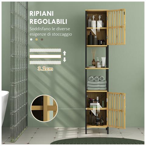 Mobiletto Bagno A Doghe Con 2 Ripiani Aperti E 2 Armadietti, In Mdf E Bambù, 32x30x172 Cm, Nero E Color Legno - Foto 6