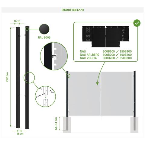Set 2 Pali In Ferro Dario 8x8cm H. 270cm Nero Opaco - Foto 8