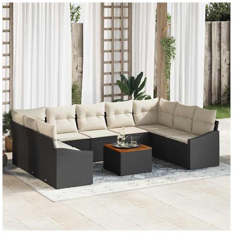 Set di Sofà da Giardino da 10 Pezzi con Cuscini Nero in Rattan Polietilene Acacia - Foto 2