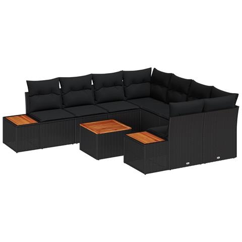 Set di 9 Pezzi di Sofà da Giardino con Cuscini Nero Polirattan Acacia - Foto 1