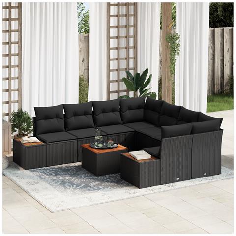 Set di 9 Pezzi di Sofà da Giardino con Cuscini Nero Polirattan Acacia - Foto 2
