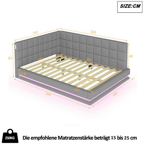 Divano Letto Imbottito 140x200cm, Letto Multifunzionale Con Luce Led, Presa Usb E Rete A Doghe, Tessuto In Velluto, Grigio, Senza Materasso - Foto 2