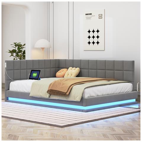 Divano Letto Imbottito 140x200cm, Letto Multifunzionale Con Luce Led, Presa Usb E Rete A Doghe, Tessuto In Velluto, Grigio, Senza Materasso - Foto 1