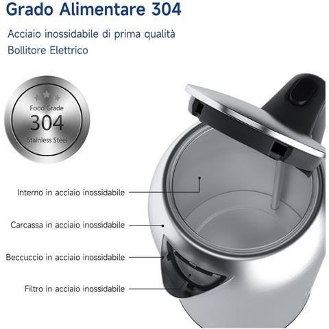Bollitore Elettrico In Acciaio Inox, 2200 W, Capacità 1,7 Litri, Filtro Anticalcare Rimovibile, Spegnimento Automatico Di Sicurezza, Interruttore On/off, Base Girevole A 360° - Foto 2