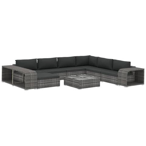 Set Divani da Giardino 10 pz con Cuscini in Polyrattan Grigio - Foto 1