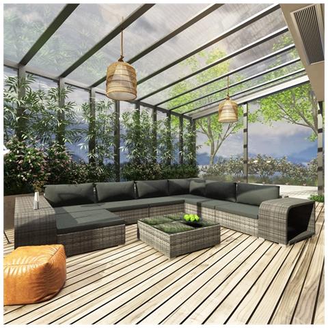 Set Divani da Giardino 10 pz con Cuscini in Polyrattan Grigio - Foto 2