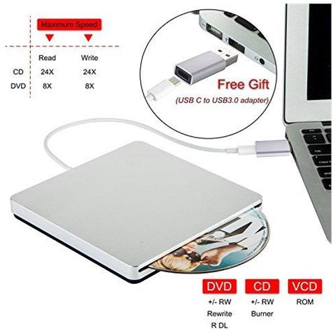 Dvd Esterno Unit Usb 3.0 Type-c Portable Slim Cd Dvd - Rw Lettore Bruciatore Per Macbook Air Pro Mac Laptop Pc Di Windows Desktop Imac (grigio) - Foto 2