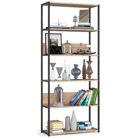Scaffale stile loft con ripiani in legno, 6 ripiani, 80x32x192 cm, Colore Nero e Quarcia Sonoma - Foto 1