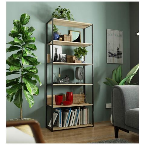 Scaffale stile loft con ripiani in legno, 6 ripiani, 80x32x192 cm, Colore Nero e Quarcia Sonoma - Foto 5