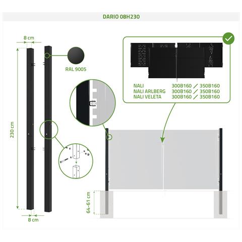 Set 2 Pali In Ferro Dario 8x8cm H. 230cm Nero Opaco - Foto 2