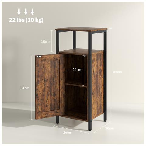 Comodino Industriale con 2 Ripiani e Scaffale Interno Regolabile, in Legno e Acciaio, 34x30x80 cm, Marrone - Foto 6