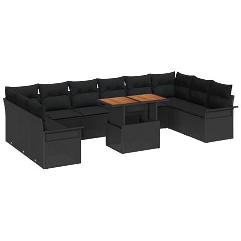 Set da Pranzo da Giardino 11 Pezzi con Cuscini Neri in Polyrattan e Acacia - Foto 1