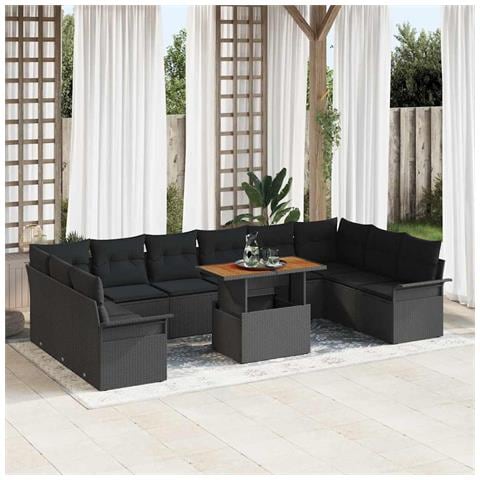 Set da Pranzo da Giardino 11 Pezzi con Cuscini Neri in Polyrattan e Acacia - Foto 2