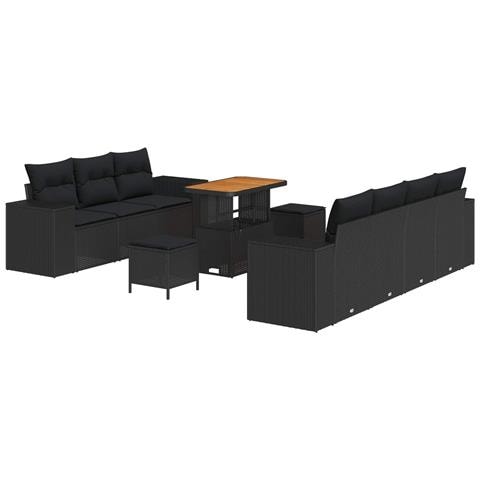 Set di Sofà da Giardino da 10 Pezzi con Cuscini Nero Polyrattan Acacia, Set di Pranzo da Giardino da 3 Pezzi con Cuscini Nero Polyrattan Acacia - Foto 1