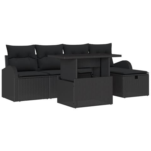 Set Divano da Giardino a 6 Pezzi con Cuscini Rattan Nero Polyrattan - Foto 1