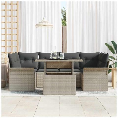 Set Divano Giardino 7 Pezzi Cuscini Grigio Chiaro Rattan Poliestere, Divano Giardino 2 Persone con Ripostiglio & Cuscini Grigio Chiaro Rattan Poliestere - Foto 2