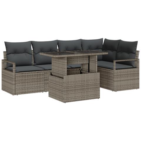 Set Divano da Giardino in 6 Pezzi con Cuscini Grigio Rattan Poliestere - Foto 1