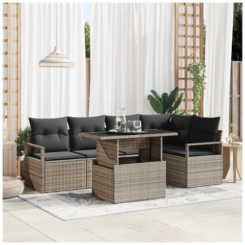Set Divano da Giardino in 6 Pezzi con Cuscini Grigio Rattan Poliestere - Foto 2