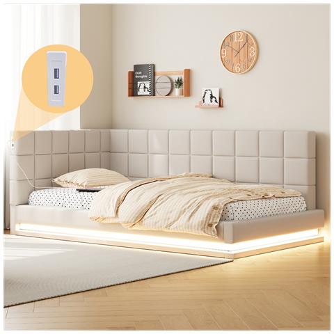 Divano Letto Imbottito 90x200cm, Letto Multifunzionale Con Luce Led, Presa Usb E Rete A Doghe, Tessuto In Velluto, Beige, Senza Materasso - Foto 1