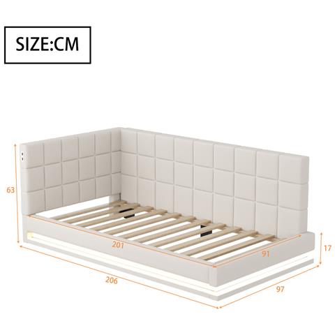 Divano Letto Imbottito 90x200cm, Letto Multifunzionale Con Luce Led, Presa Usb E Rete A Doghe, Tessuto In Velluto, Beige, Senza Materasso - Foto 4