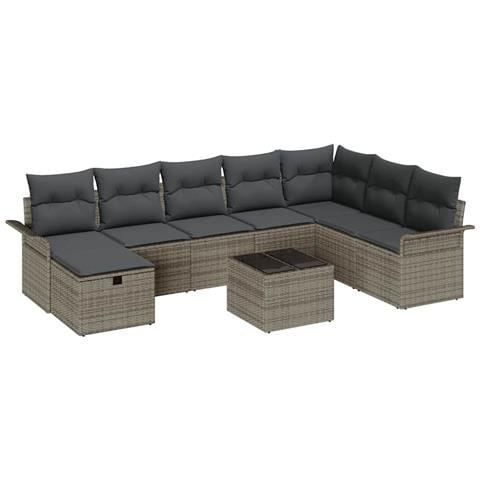 Set Divano da Giardino con cuscino 9 pcs Grigio Poly Rattan - Foto 1