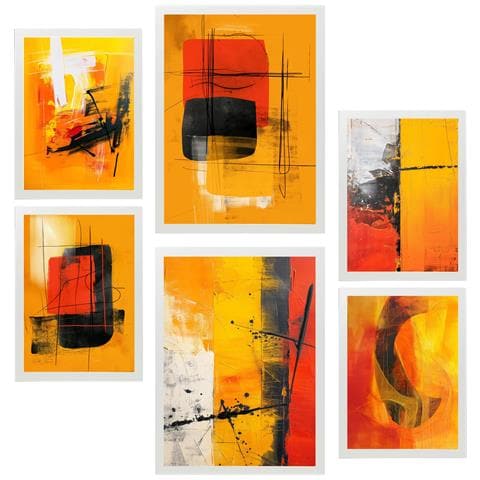 Set Di 6 Stampe Forme Astratte Del Nero Della Rete Di Bronw Di Colore Incorniciate Con Illustrazioni Di Design Per L'home Office A3 & A4 Cornice Bianca - Foto 1
