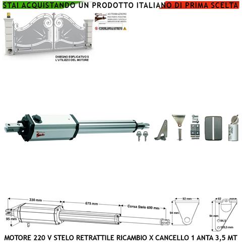 Motore Elettromeccanico Cancello Elettrico 220 V Stelo Retrattile Corsa 600 Mm Anta Battente 3,5 Metri Spinta 250 Kg S - Foto 1