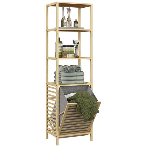 COSTWAY Mobiletto con Portabiancheria a 2 Ripiani da Bagno a Ribalta, Cesto per Bucato in Bambù da 43L, Cesto per Lavanderia Sporca in Tessuto Pieghevole, 43,5 x 33 x 96 cm, Naturale