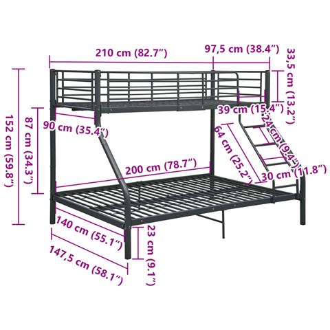 Lusso Casadino -  Letto A Castello Nero In Metallo 140x200 Cm/90x200 Cm - Foto 8