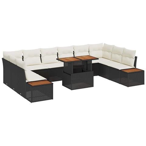 Set da Pranzo da Giardino 11 Pezzi con Cuscini Rattan Polyrattan Nero - Foto 1