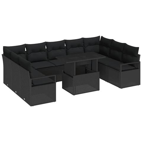 Set di Sofà da Giardino da 10 Pezzi con Cuscini Nero Polyrattan,  Sofà da Giardino per Due Persone con Cuscini Nero Polyrattan - Foto 1