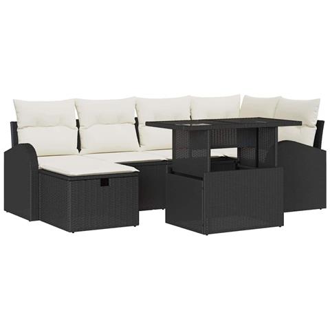 Set divano da giardino 7 pezzi con cuscini neri in polyrattan, Divano da giardino 2 posti con stoccaggio e cuscini neri in polyrattan - Foto 1