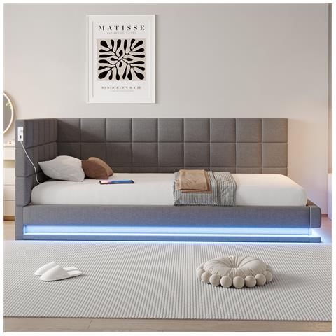 Divano Letto Imbottito 90x200cm, Letto Multifunzionale Con Luce Led, Presa Usb E Rete A Doghe, Tessuto Velour, Grigio, Senza Materasso - Foto 4