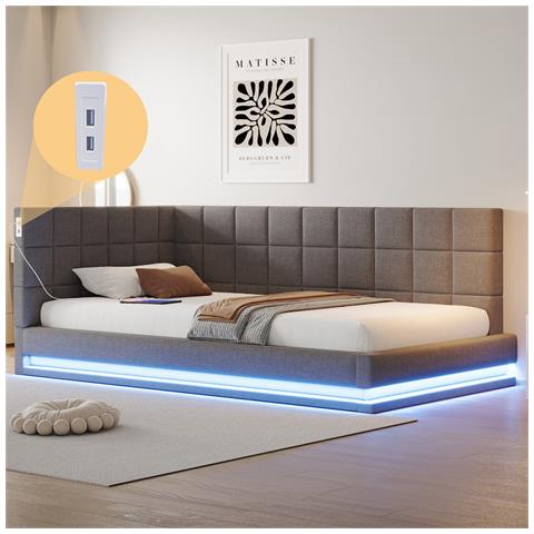 Divano Letto Imbottito 90x200cm, Letto Multifunzionale Con Luce Led, Presa Usb E Rete A Doghe, Tessuto Velour, Grigio, Senza Materasso - Foto 1